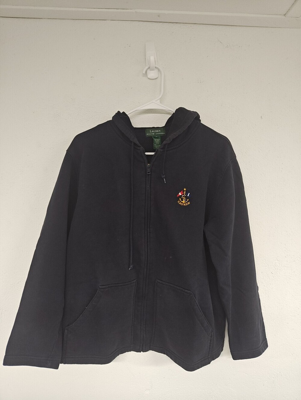 Vintage Lauren Ralph Lauren Womens S Navy Full Zip Hoodie Nautical Anchor Crest